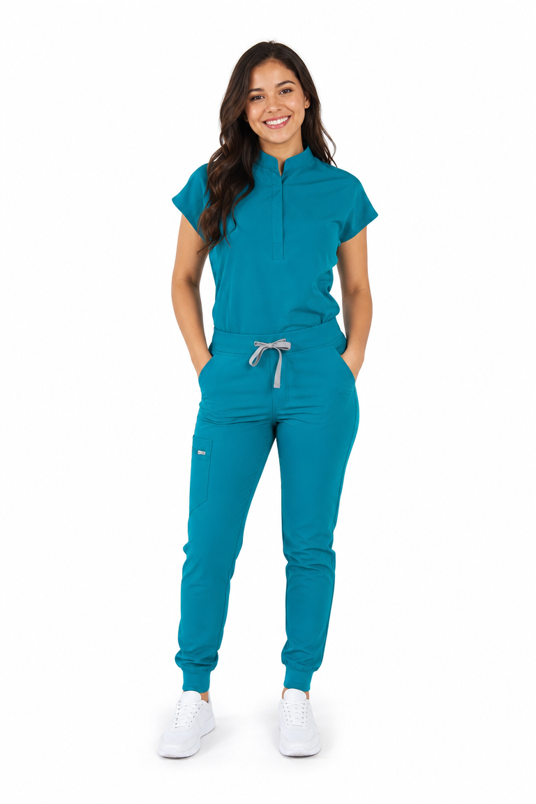 A woman modeling a matching teal scrub top and scrub pants set with white sneakers, standing against a plain white background.